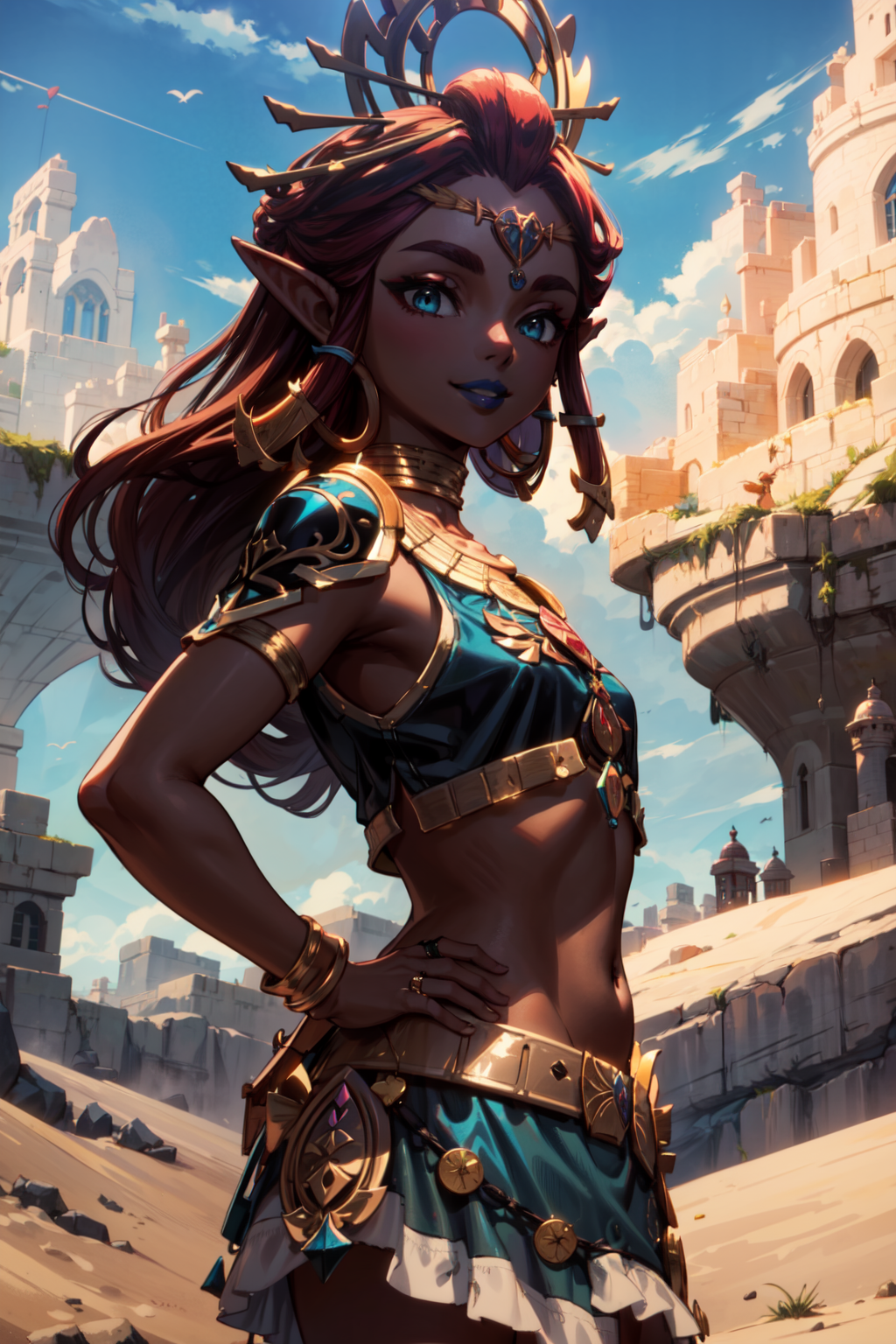 00517-1754936576-masterpiece,best quality,1girl,riju_zelda,blue lips,eyeshadow,circlet,crown,hair rings,(long hair),skirt,armor,hand on hip,smile.png